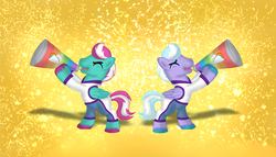 Size: 3500x2000 | Tagged: safe, artist:nomusic33, lilac sky, spring step, sunlight spring, pony, g4, cheerleader, cheerleading, lilac guy, male, rule 63, stallion, sunbeam fling