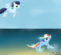 Size: 1024x931 | Tagged: safe, artist:rulette, rainbow dash, soarin', g4, beach, female, male, ship:soarindash, shipping, straight, water