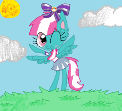 Size: 866x782 | Tagged: safe, artist:gravityfallsponies, spring step, sunlight spring, pony, g4, bipedal, blushing, bow, cheerleader, cheerleading, cute, female, fluffy, looking at you, open mouth, smiling, solo, spread wings, sun, wink