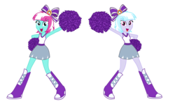 Size: 3000x1750 | Tagged: safe, artist:luuandherdraws, lilac sky, spring step, sunlight spring, human, equestria girls, g4, boots, braces, cheerleader, cheerleading, clothes, equestria girls-ified, high heel boots, legs, pom pom, pony coloring, rainbow dash's boots, shirt, shoes, simple background, skirt, transparent background, vector