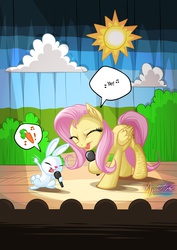 Size: 1061x1500 | Tagged: safe, artist:mysticalpha, angel bunny, fluttershy, g4, carrot, microphone, pictogram, singing, smiling, speech bubble, spotlight, stage