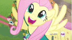 Size: 633x350 | Tagged: safe, screencap, fluttershy, pegasus, pony, filli vanilli, g4, season 4, animated, animation error, cute, faic, female, flapping wings, gif, grin, hub logo, mare, open mouth, open smile, ponytones outfit, shyabetes, smiling, solo, squee, wings