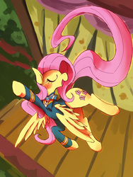 Size: 1000x1333 | Tagged: safe, artist:kolshica, fluttershy, filli vanilli, g4, clothes, eyes closed, female, flying, open mouth, ponytones outfit, smiling, solo, spread wings, stage