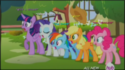 Size: 785x439 | Tagged: safe, screencap, applejack, pinkie pie, rainbow dash, rarity, twilight sparkle, alicorn, pony, filli vanilli, g4, my little pony: friendship is magic, female, hub logo, mare, twilight sparkle (alicorn)