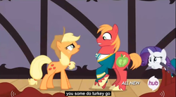 Size: 850x468 | Tagged: safe, screencap, applejack, big macintosh, rarity, earth pony, pony, filli vanilli, g4, male, meme, stallion, youtube caption