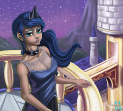 Size: 1696x1542 | Tagged: safe, artist:mrs1989, princess luna, human, g4, balcony, female, humanized, moderate dark skin, night, solo