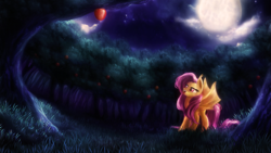 Size: 1920x1080 | Tagged: safe, artist:macalaniaa, fluttershy, g4, apple, apple tree, eyes on the prize, fangs, flutterbat, moon, night, open mouth, orchard, spread wings, standing, tongue out, tree