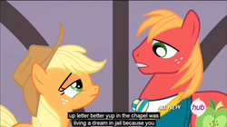 Size: 1360x764 | Tagged: safe, screencap, applejack, big macintosh, earth pony, pony, filli vanilli, g4, male, meme, stallion, youtube caption