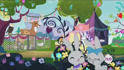 Size: 1276x720 | Tagged: safe, screencap, angel bunny, fluttershy, bald eagle, deer, eagle, falcon, pegasus, pony, rabbit, filli vanilli, g4, my little pony: friendship is magic, animal, bowtie, doe, headcanon denied, hub logo, stag