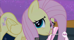 Size: 850x467 | Tagged: safe, screencap, fluttershy, filli vanilli, g4, all new, female, hub logo, meme, sad, solo, text, youtube caption