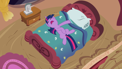 Size: 900x508 | Tagged: safe, artist:adcoon, edit, edited screencap, screencap, twilight sparkle, pony, unicorn, g4, lesson zero, bed, blanket, female, implied masturbation, on back, out of context, pillow, show accurate, solo, unicorn twilight