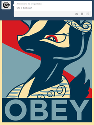 Size: 900x1193 | Tagged: safe, artist:fuutachimaru, princess celestia, alicorn, pony, xerneas, g4, ask, female, hope poster, mare, obey, pokémon, shepard fairey, solo, tumblr