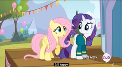 Size: 850x471 | Tagged: safe, screencap, fluttershy, rarity, filli vanilli, g4, hub logo, meme, youtube caption