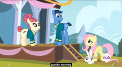 Size: 851x470 | Tagged: safe, screencap, fluttershy, toe-tapper, torch song, filli vanilli, g4, hub logo, meme, youtube caption