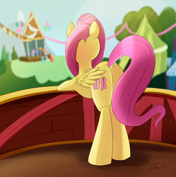 Size: 600x602 | Tagged: safe, artist:tsitra360, fluttershy, filli vanilli, g4, behind, bipedal leaning, bridge, butt, butt shake, dock, flutterbutt, observer, plot, scene interpretation