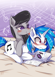 Size: 714x1000 | Tagged: safe, artist:hua, dj pon-3, octavia melody, vinyl scratch, earth pony, pony, unicorn, ask trolltavia, g4, blushing, duo, ear licking, female, lesbian, licking, mare, ship:scratchtavia, shipping, sweat, tongue out