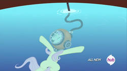 Size: 1440x810 | Tagged: safe, screencap, fluttershy, filli vanilli, g4, diving helmet, female, happy, helmet, hub logo, singing, solo, underwater, watershy