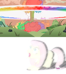 Size: 951x1060 | Tagged: safe, screencap, fluttershy, filli vanilli, g4, lesson zero, atomic rainboom, explosion, hub logo