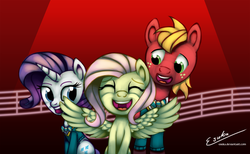 Size: 1800x1108 | Tagged: safe, artist:esuka, big macintosh, fluttershy, rarity, earth pony, pony, filli vanilli, g4, clothes, male, ponytones outfit, singing, stallion