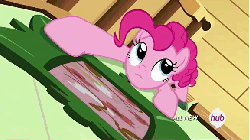 Size: 576x324 | Tagged: safe, screencap, pinkie pie, earth pony, pony, filli vanilli, g4, season 4, all new, animated, climbing, female, fluttershy's cottage, frown, glare, high angle, how, hub logo, hubble, in which pinkie pie forgets how to gravity, open mouth, pinkie being pinkie, pinkie physics, solo, spider pie, spidermare, talking, text, the hub, wall climbing, wide eyes