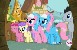 Size: 500x327 | Tagged: safe, screencap, aloe, alula, coco crusoe, lotus blossom, lucky clover, pluto, ruby pinch, earth pony, pegasus, pony, unicorn, filli vanilli, g4, all new, animated, cute, eyes closed, female, filly, foal, gif, grin, happy, hoofy-kicks, hub logo, hubble, male, mare, smiling, spa twins, spaww twins, stallion, text, the hub, trotting, trotting in place
