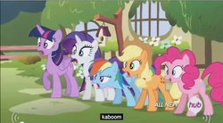 Size: 801x443 | Tagged: safe, screencap, applejack, pinkie pie, rainbow dash, rarity, twilight sparkle, alicorn, pony, filli vanilli, g4, female, kaboom, mare, meme, twilight sparkle (alicorn), youtube caption