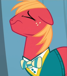 Size: 710x810 | Tagged: safe, screencap, big macintosh, earth pony, pony, filli vanilli, g4, bowtie, clothes, male, ponytones outfit, solo, stallion