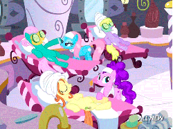 Size: 490x365 | Tagged: safe, screencap, bella brella, bubblemint, lotus blossom, ocean dream, petalcare, earth pony, pony, filli vanilli, g4, all new, animated, cucumber, female, grin, hoof tapping, lidded eyes, massage, mud mask, on back, smiling, spa, text, towel, working