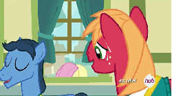 Size: 576x324 | Tagged: safe, screencap, big macintosh, fluttershy, toe-tapper, earth pony, pony, filli vanilli, g4, animated, ass up, butt, female, hub logo, hubble, male, mare, out of context, plot, stallion, the hub, window