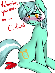 Size: 900x1200 | Tagged: safe, artist:azure-doodle, lyra heartstrings, pony, unicorn, g4, blushing, confused, dialogue, embarrassed, female, frown, heart, looking away, mare, sexually confused lyra, simple background, sitting, solo, valentine, white background