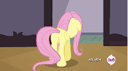 Size: 576x324 | Tagged: safe, screencap, fluttershy, pony, filli vanilli, g4, animated, butt, female, floppy ears, flutterbutt, frown, hub logo, hubble, looking at you, looking back, mare, plot, raised hoof, sad, solo, the hub