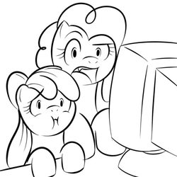 Size: 600x600 | Tagged: safe, artist:kloudmutt, apple bloom, pinkie pie, g4, computer, disgusted, lineart, monochrome, reaction image