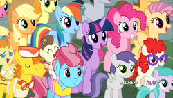 Size: 1440x810 | Tagged: safe, screencap, applejack, candy mane, caramel, carrot cake, carrot top, cherry berry, cup cake, golden harvest, lucky clover, pinkie pie, pound cake, pumpkin cake, rainbow dash, twilight sparkle, twist, alicorn, pony, filli vanilli, g4, my little pony: friendship is magic, cute, hub logo, mane candy, twilight sparkle (alicorn)