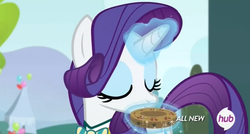 Size: 1241x663 | Tagged: safe, screencap, rarity, pony, filli vanilli, g4, blowing, eyes closed, female, floating object, hub logo, magic, musical instrument, pitch pipe, ponytones, solo
