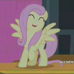 Size: 720x720 | Tagged: safe, screencap, fluttershy, pegasus, pony, filli vanilli, g4, season 4, all new, animated, cute, female, gif, mare, open mouth, open smile, smiling, solo, text