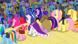 Size: 1132x634 | Tagged: safe, screencap, amethyst star, apple bloom, applejack, bon bon, candy mane, carrot top, chancellor puddinghead, cherry cola, cherry fizzy, cloud kicker, clover the clever, coco crusoe, commander hurricane, doctor whooves, fluttershy, golden harvest, lemon hearts, linky, minuette, pinkie pie, pokey pierce, ponet, princess platinum, private pansy, rainbow dash, rainbowshine, rarity, shoeshine, smart cookie, sparkler, sweetie belle, sweetie drops, time turner, twilight sparkle, earth pony, pony, g4, hearth's warming eve (episode), hearth's warming eve, mane six
