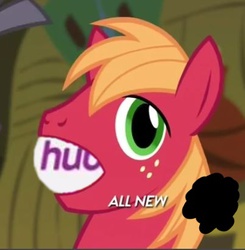 Size: 402x411 | Tagged: safe, big macintosh, earth pony, pony, filli vanilli, g4, my little pony: friendship is magic, big mac's big mouth, exploitable meme, hub logo, male, meme, solo, stallion, wat