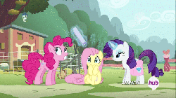 Size: 600x338 | Tagged: safe, screencap, fluttershy, pinkie pie, rarity, earth pony, pegasus, pony, unicorn, filli vanilli, g4, animated, bad pinkie, bad pony, blinking, cowering, cute, derp, diapinkes, eyes closed, female, frown, glare, grin, gritted teeth, levitation, magic, mare, newspaper, scared, shivering, smiling, swatting, telekinesis, tongue out, trembling, wide eyes