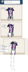 Size: 949x2394 | Tagged: safe, artist:dreamingnoctis, shining armor, twilight sparkle, pony, unicorn, ask asylum twilight, g4, asylum, excited, eyes closed, grin, hoof hold, list, looking at you, reading, smiling, tumblr, unicorn twilight, unshorn fetlocks