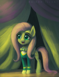 Size: 1020x1320 | Tagged: safe, artist:grissaecrim, fluttershy, filli vanilli, g4, cute little fangs, fangs, female, flutterbat, ponytones outfit, solo