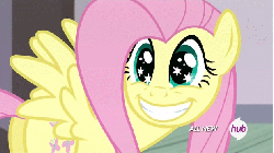 Size: 630x354 | Tagged: safe, screencap, fluttershy, filli vanilli, g4, season 4, animated, cute, eye shimmer, faic, female, grin, hub logo, shyabetes, smiling, solo, spread wings, squee, starry eyes, weapons-grade cute, wingding eyes