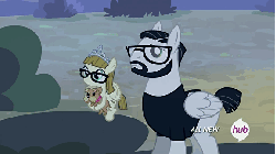 Size: 576x324 | Tagged: safe, screencap, nightjar, ripley, zippoorwhill, dog, pegasus, pony, filli vanilli, g4, animated, buzzing wings, cute, father and child, father and daughter, female, filly, floppy ears, foal, frown, glasses, hub logo, hubble, male, puppy, sad, stallion, talking, the hub, walking, wings, zippoorbetes