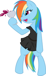 Size: 575x960 | Tagged: safe, artist:bamboodog, edit, rainbow dash, pony, g4, alcohol, bipedal, black dress, clothes, dionysus, dress, drunk, drunker dash, female, goblet, little black dress, mare, off shoulder, open mouth, simple background, smiling, solo, white background, wine, wingless