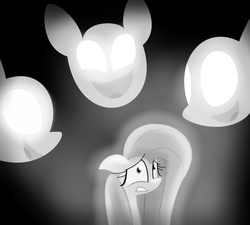 Size: 943x847 | Tagged: safe, artist:littlecloudie, fluttershy, filli vanilli, g4, black and white, female, glowing eyes, grayscale, panic attack, scene interpretation, solo, stage fright