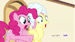 Size: 576x324 | Tagged: safe, screencap, fluttershy, pinkie pie, pony, filli vanilli, g4, season 4, all new, animated, boop, crying, female, hub logo, hubble, noseboop, on top, pinkie prick, standing over, text, the hub, towel