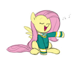 Size: 670x560 | Tagged: safe, artist:carnifex, fluttershy, pegasus, pony, filli vanilli, g4, cute, eyes closed, female, mare, music notes, open mouth, ponytones outfit, shyabetes, singing, sitting, solo
