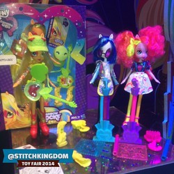 Size: 500x500 | Tagged: safe, applejack, dj pon-3, pinkie pie, vinyl scratch, equestria girls, g4, my little pony equestria girls: rainbow rocks, doll, female, irl, photo, toy, toy fair, toy fair 2014