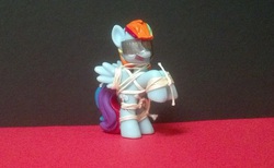 Size: 1014x623 | Tagged: safe, rainbow dash, g4, blind bag, blindfold, bondage, duct tape, gag, irl, photo, rope, tape gag, toy