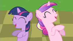 Size: 853x480 | Tagged: safe, screencap, princess cadance, twilight sparkle, pony, a canterlot wedding, g4, eyes closed, filly, filly twilight sparkle, foalsitter, happy, laughing, on back, open mouth, smiling, teen princess cadance
