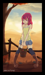 Size: 987x1633 | Tagged: safe, artist:inkintime, apple bloom, human, g4, backlighting, boots, bucket, clothes, female, humanized, light skin, miniskirt, skirt, solo, thigh highs, working
